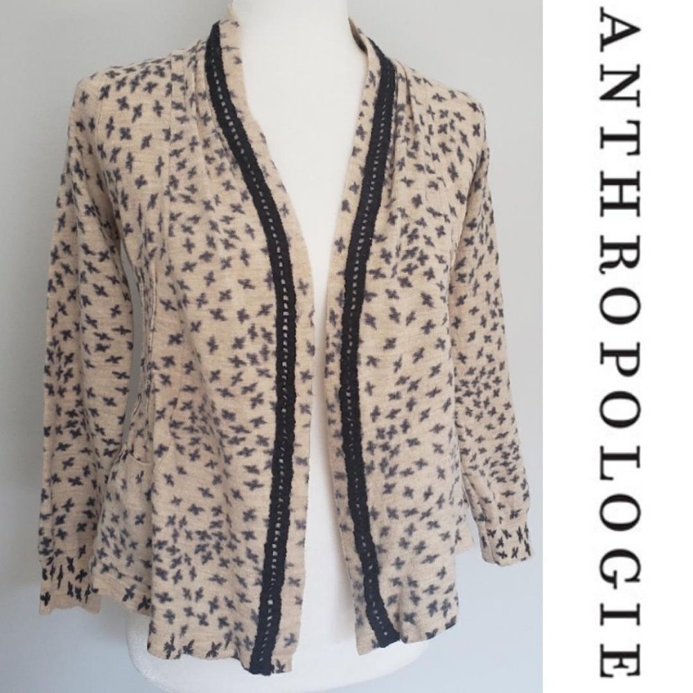 Anthro Sparrow Soft Soaring Bird Print Sweater - image 1